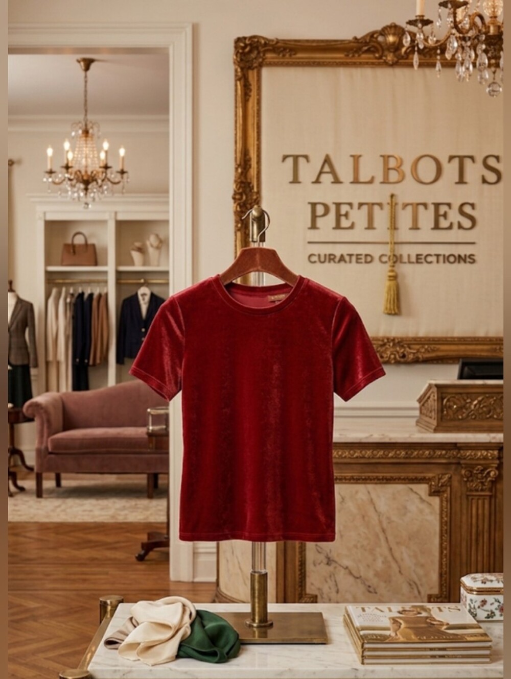 NWT Talbots Petites Rich Red Velvet Short Sleeve Tee - Size PL / Large Excellent